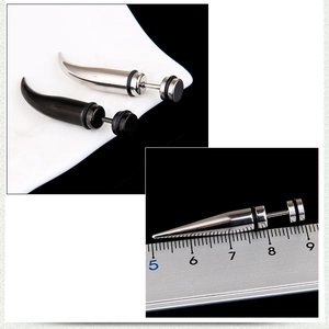 Polished stainless steel cone and horn-shaped stud earrings with dimension measurements