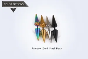 Detailed set of punk style spike earrings in multicolor, gold, silver, and black finish