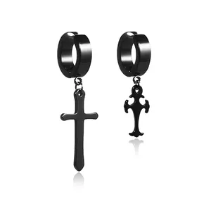Stainless Steel Cross Triangle Artificial Pearl Hoop Earrings Non Piercing Clip On Gothic Punk Jewelry Unisex Hypoallergenic