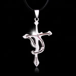 Collier Pendentif Croix Signe du Zodiaque Vierge en Acier au Titane Vintage pour Hommes Femmes Incrusté de Strass Bijoux Religieux