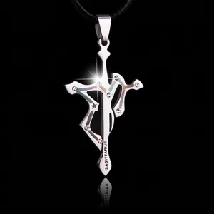 Sagittarius Zodiac 316L Stainless Steel Cross Pendant Necklace For Men Women Rhinestone Inlaid Black Leather Rope Chain Jewelry