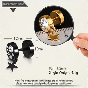 Detail of star pendant screw earrings with crystals in black and gold finishes