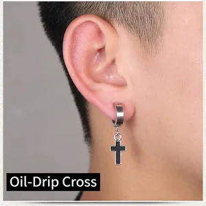 Cross hoop earring in silver steel with black drip oil pendant on male model