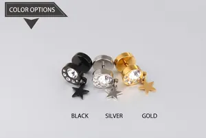 Detailed view of titanium steel star stud earrings with zircon in black, silver, and gold