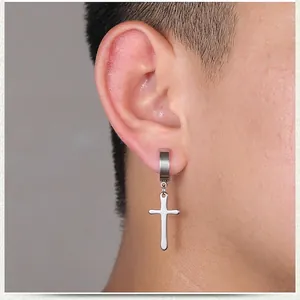 Classic steel cross dangle earring for men featuring polished stainless steel finish