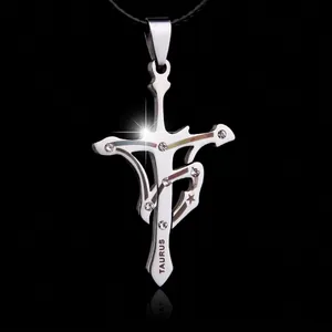 316L Stainless Steel Taurus Zodiac Pendant Necklace For Men Women Cross Shape Rhinestone Inlaid Cross Chain Fashion Jewelry
