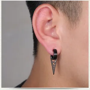 Matte black stainless steel clip-on hoop earring with a hanging triangle pendant for men
