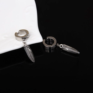 Punk style stainless steel bullet pendant earrings with engraved spiral patterns in silver