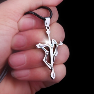 Silver 316L stainless steel Sagittarius bow pendant necklace with crystals on black cord