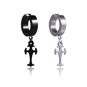 Black and silver stainless steel hoop earrings with hanging gothic cross pendants