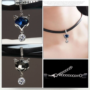 Collier ras du cou renard avec cristal bleu et cordon tressé en cuir noir élégant