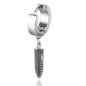 Polished silver bullet bullet-style dangle earring with textured fingerprint pendant detail
