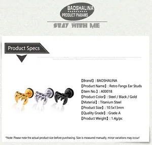 Specifications of titanium steel wolf tooth stud earrings in gold, silver, and black finishes