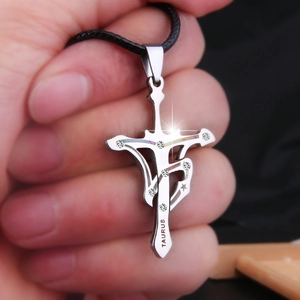 Silver Taurus zodiac cross necklace with stones and black cord for men in 316L stainless steel