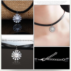 Elegantes Sonnenblumen-Halsband mit schwarzem Band und Perlenanhänger für Damen
