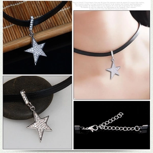 Classic silver pentagram star choker with sparkling crystals on black silk cord