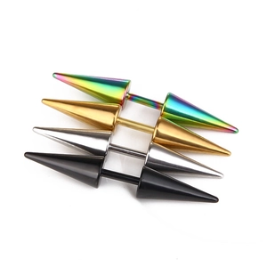 Punk style stainless steel cone spike barbell earrings in black gold silver and rainbow finishes