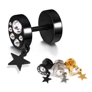 Punk Titanium Steel Barbell Star Stud Earrings With Rhinestone Inlay For Women Men Stainless Steel Fashion Ear Jewelry Accessory