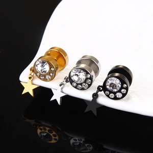 Three pairs of stainless steel screw-back earrings with star charms in gold silver and black