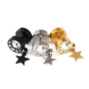 Star dangle screw back earrings with crystal accents in black, silver, and gold steel