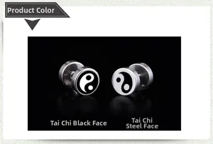 Detail showing yin yang barbell stud earrings in black and silver stainless steel