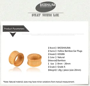 Detailed size chart for hollow bamboo ear gauges showing dimensions from 8mm to 20mm