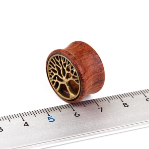 Retro hardwood ear plug with antique bronze Tree of Life inlay and size measurement