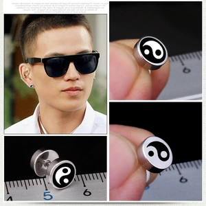 Polished titanium steel barbell stud earrings with Yin Yang Tai Chi pattern 8mm