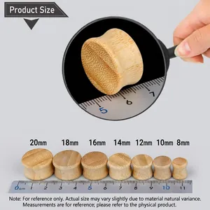 Size chart for bamboo ear gauges showing dimensions from 8mm to 20mm with scale ruler