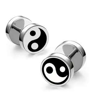 Unisex Stainless Steel Tai Chi Yin Yang Stud Earrings Barbell Dumbbell Screw Back Black Enamel Ear Jewelry For Men Women