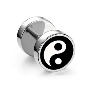 Polished stainless steel barbell stud earrings featuring a classic yin yang tai chi design