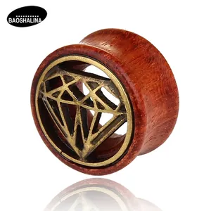 Vintage Punk Alloy Wood Ear Plugs For Men Women Hollow Diamond Pattern Bronze Metal Inlay Wood Ear Tunnel Piercing Jewelry