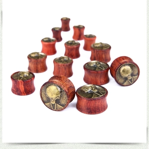 Macro detail of wooden ear plugs featuring a vintage bronze alien relief design