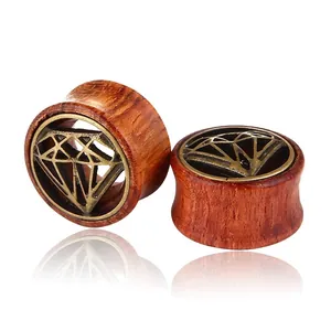 Retro wood ear plugs with vintage brass diamond inlay and natural wood grain