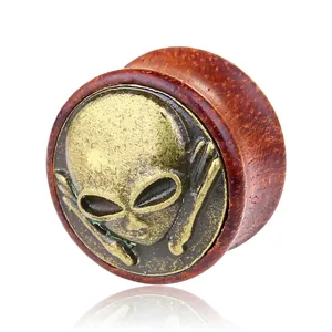 Vintage Teschio Alieno Legno Lega Plug per Orecchio Punk Gotico Calibri Rotondi Espansori Gioielli Retrò Uomo Donna