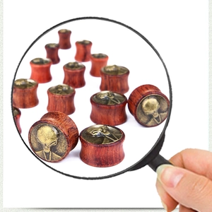 Detail of wooden ear plugs with bronze alien relief shown under a magnifying glass