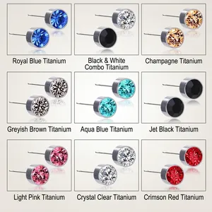 Vue détaillée de boucles d'oreilles en titane avec neuf couleurs de zircon pour le quotidien