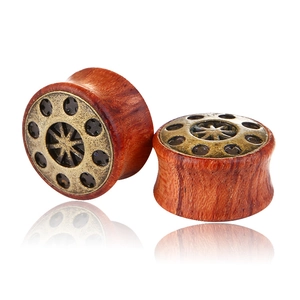 Écarteurs en bois rétro avec incrustation d'étoile en bronze et texture vintage