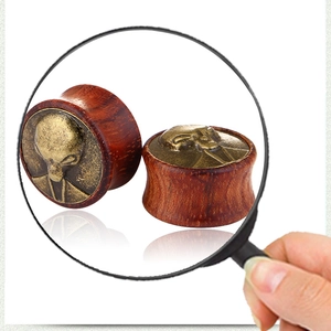 Macro detail of retro alien alloy inlay on reddish-brown wooden ear plug tunnel gauge