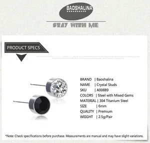 Boucles d'oreilles 6mm en acier titane hypoallergénique avec cristaux pour homme et femme