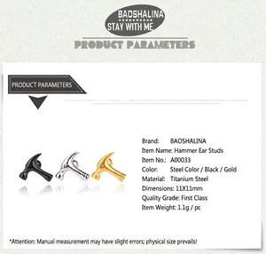 Detailed specs of hammer-shaped titanium steel studs in black, silver, and gold finishes