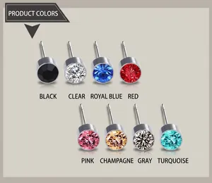 Gros plan de boucles d'oreilles en acier titane avec zircons colorés en huit teintes