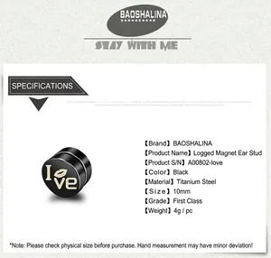 Detailed specs of a 10mm black magnetic titanium steel earring with Love engraving