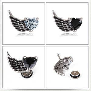 Vintage titanium steel angel wing stud earrings with heart-shaped zircon and black stone