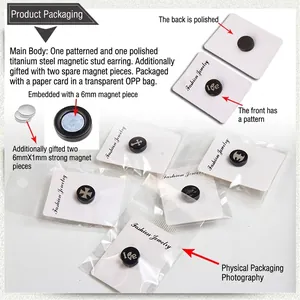 Black titanium steel magnetic stud earrings set with cross and bat engravings for non-pierced ears