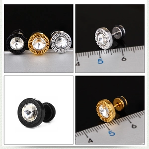 Retro titanium steel earrings with Greek key pattern and white zircon stones in three colors