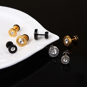 Vintage round stainless steel earrings with Greek key pattern and clear zircon stones