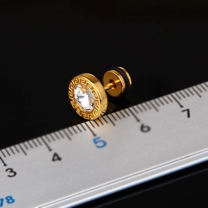 Retro stainless steel gold stud earrings with round zircon and Greek key patterns