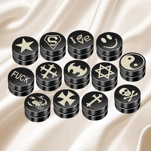 Collection of black magnetic stud earrings in punk style with various engraved logos