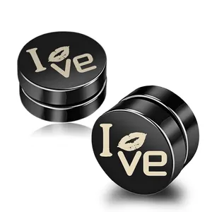 Black magnetic fake earrings with red lip print design in punk stainless steel style